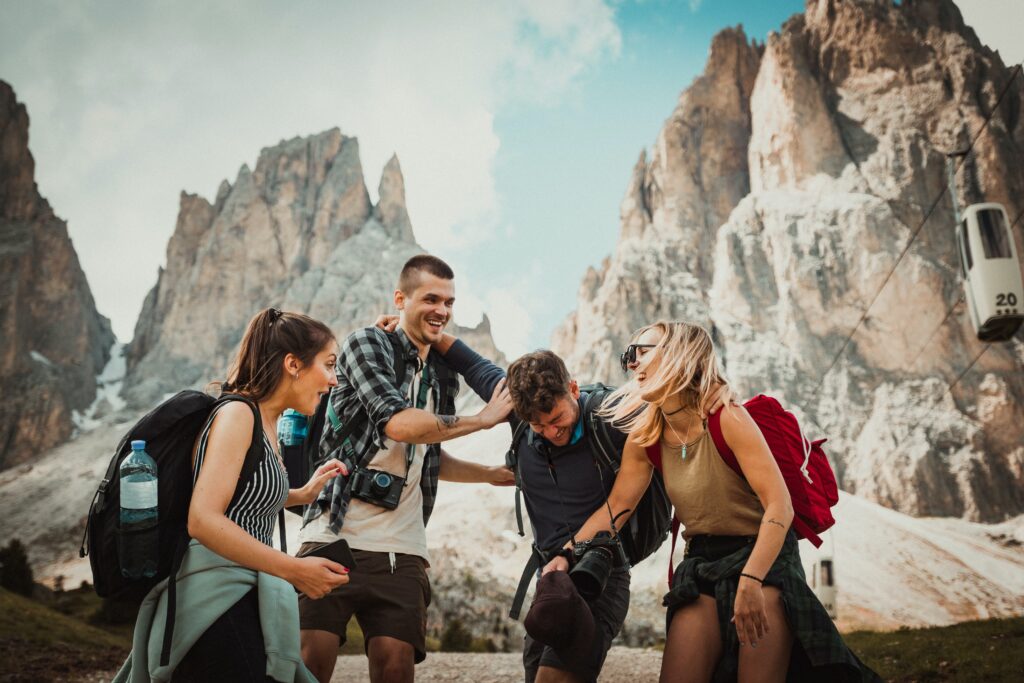 Friends laughing on mountain